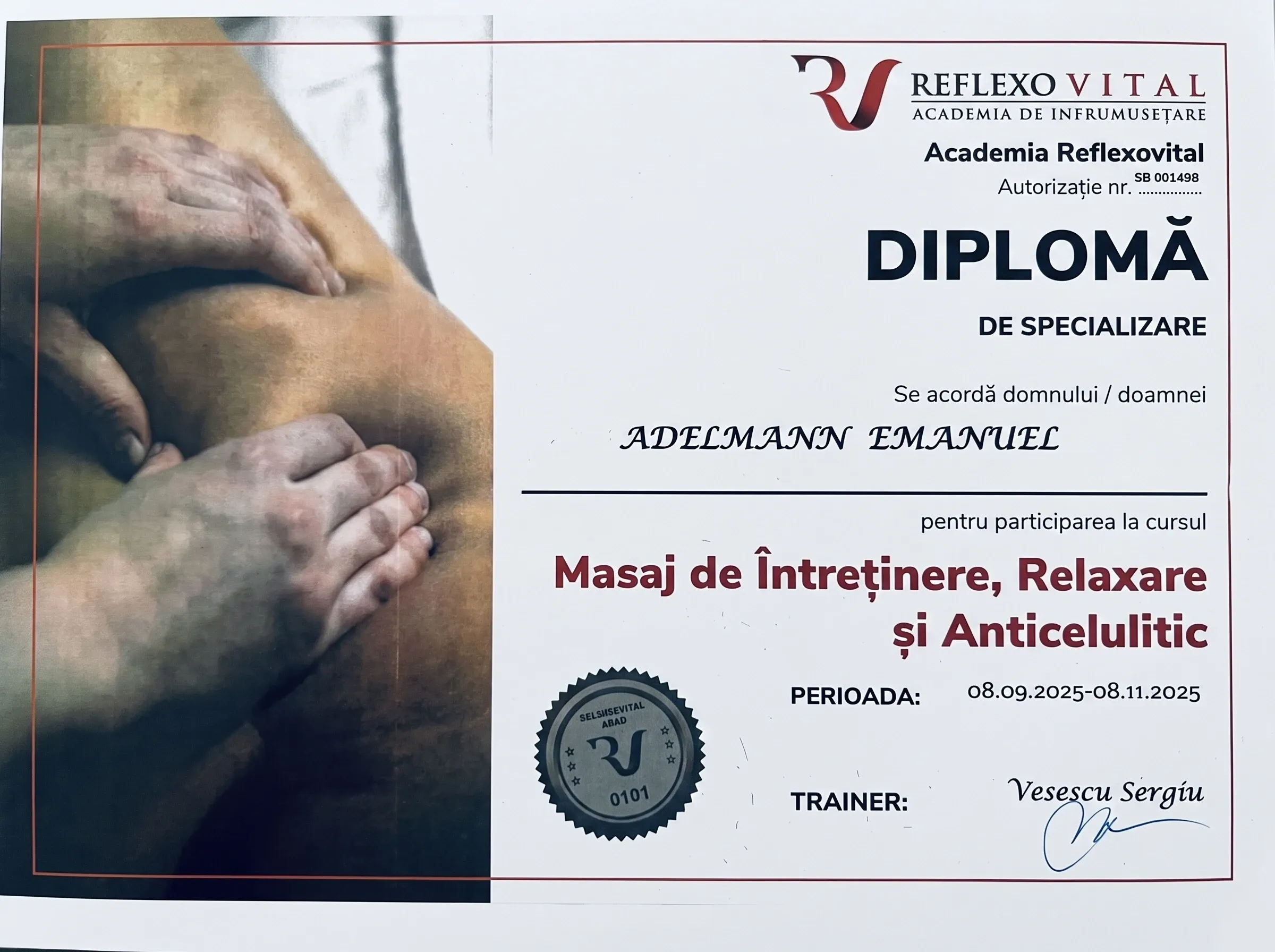 Diplomă de Specializare Masaj Adelmann Emanuel: Reflexo Vital
